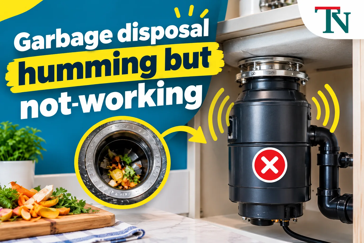 Garbage disposal under a kitchen sink making a humming sound but not grinding, with food scraps in the drain