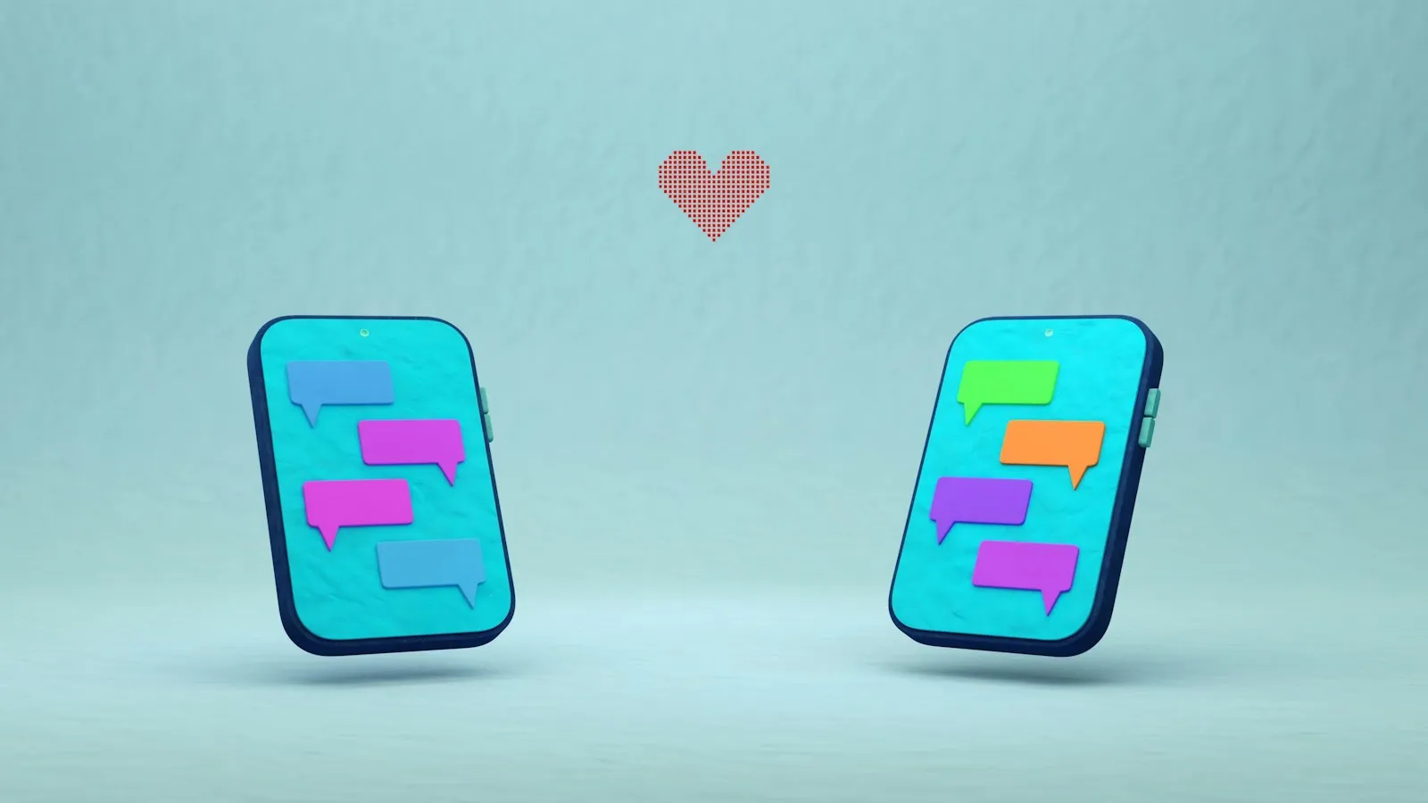 Two stylized phones with colorful chat bubbles and a heart floating above them on a pale blue background