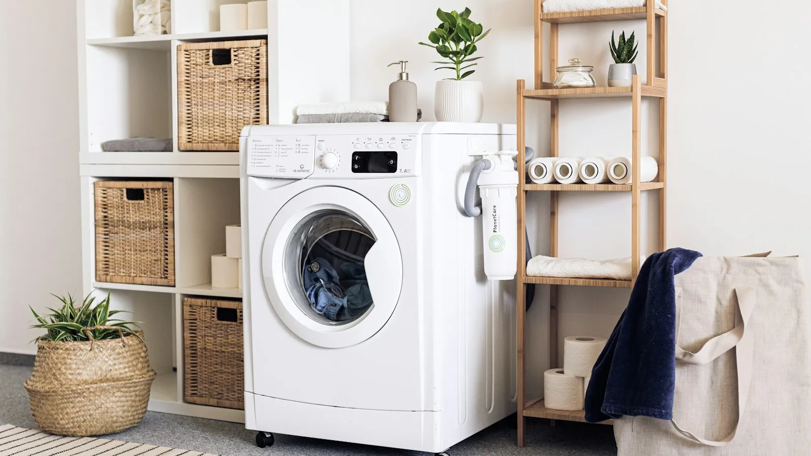 Front-load washing machine in a bright laundry room