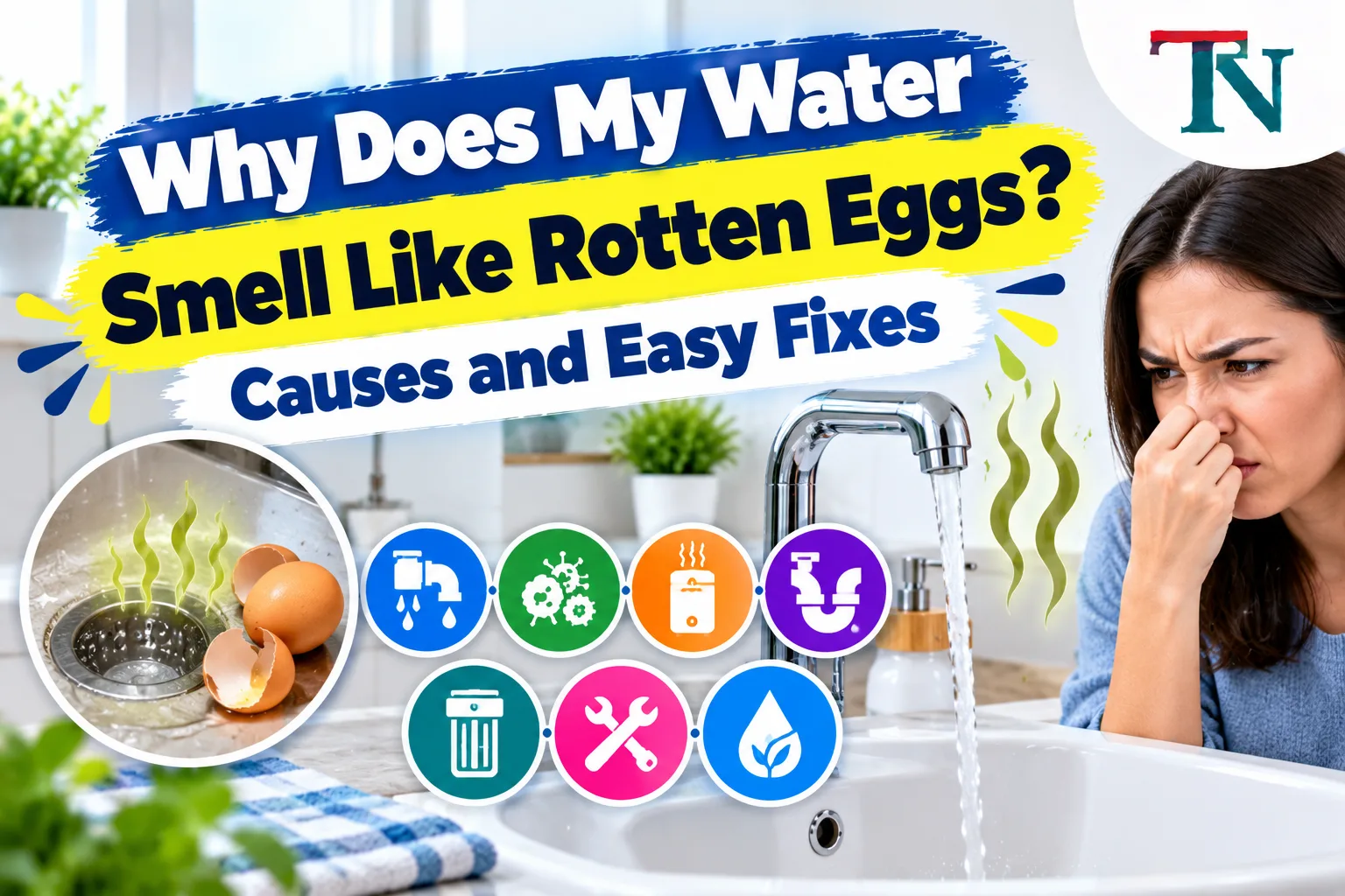 Woman holding her nose next to a running kitchen faucet, with a smelly drain and cracked eggs