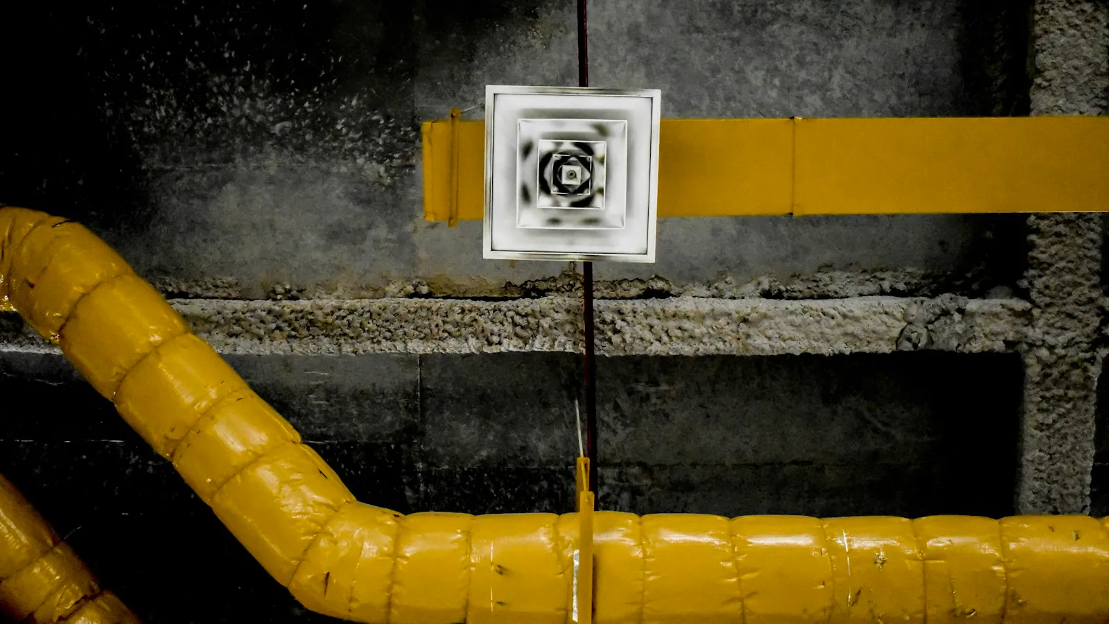 Square air vent on a basement wall above yellow insulated pipes