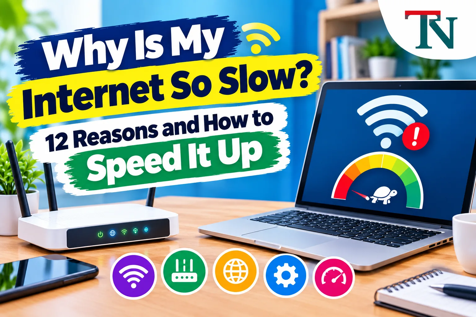 Laptop showing a slow speed meter and a Wi-Fi warning, next to a home router