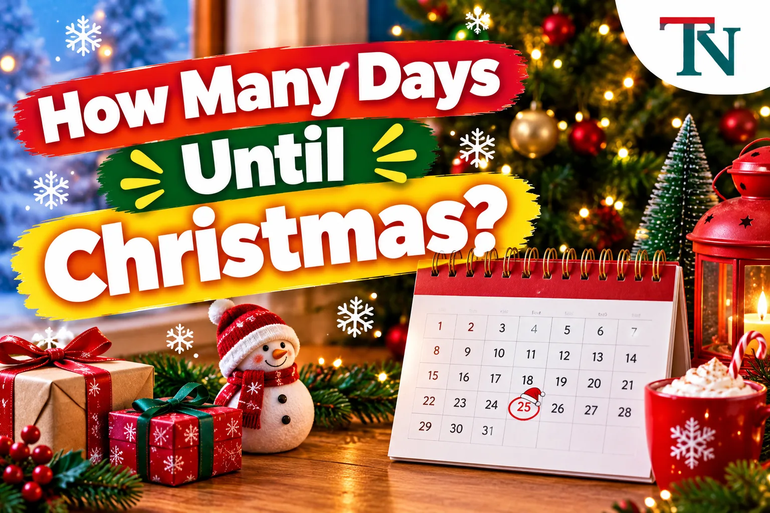 Desk calendar with December 25 circled next to a Christmas tree, gifts and a snowman