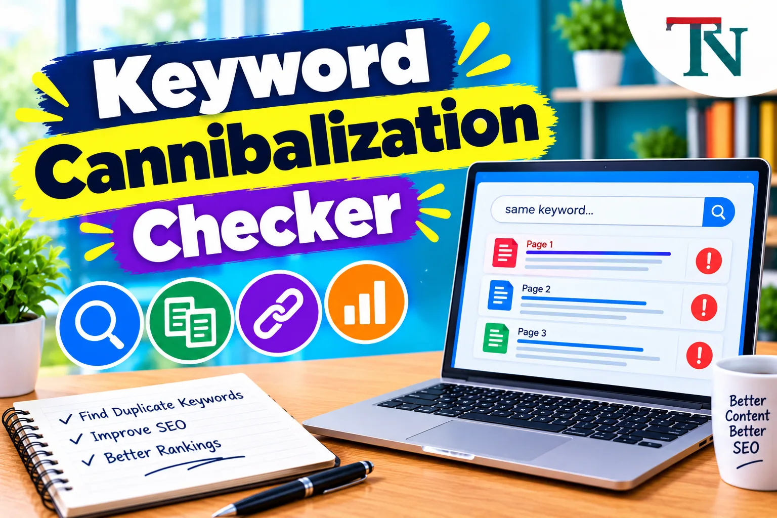 Laptop showing three pages competing for the same keyword, with a notebook of SEO checks