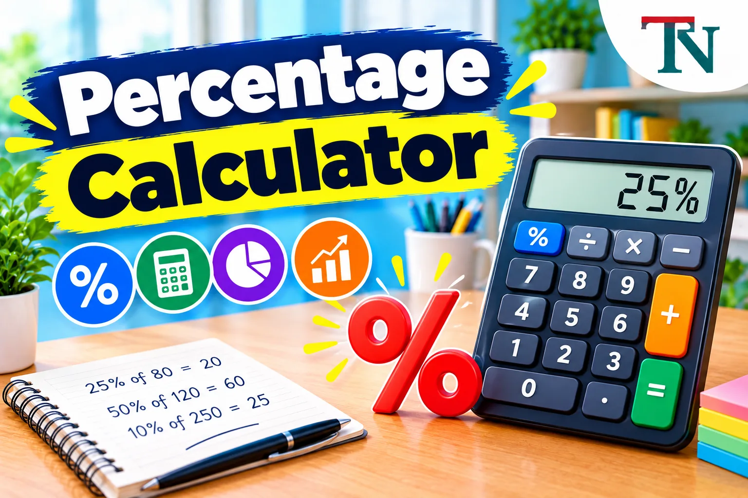 Calculator showing 25 percent next to a notebook with worked percentage examples