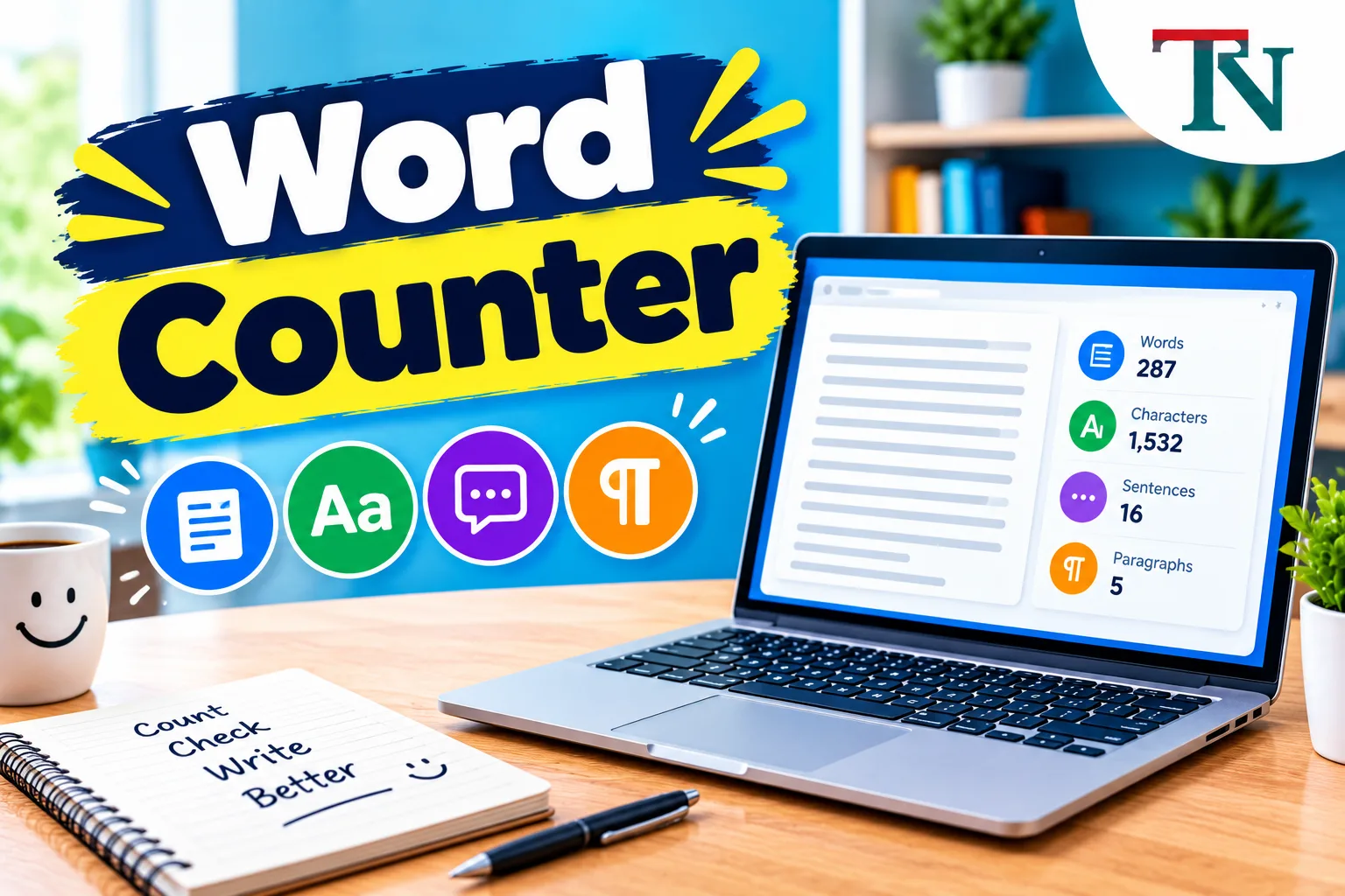 Laptop running a word counter that shows words, characters, sentences and paragraphs